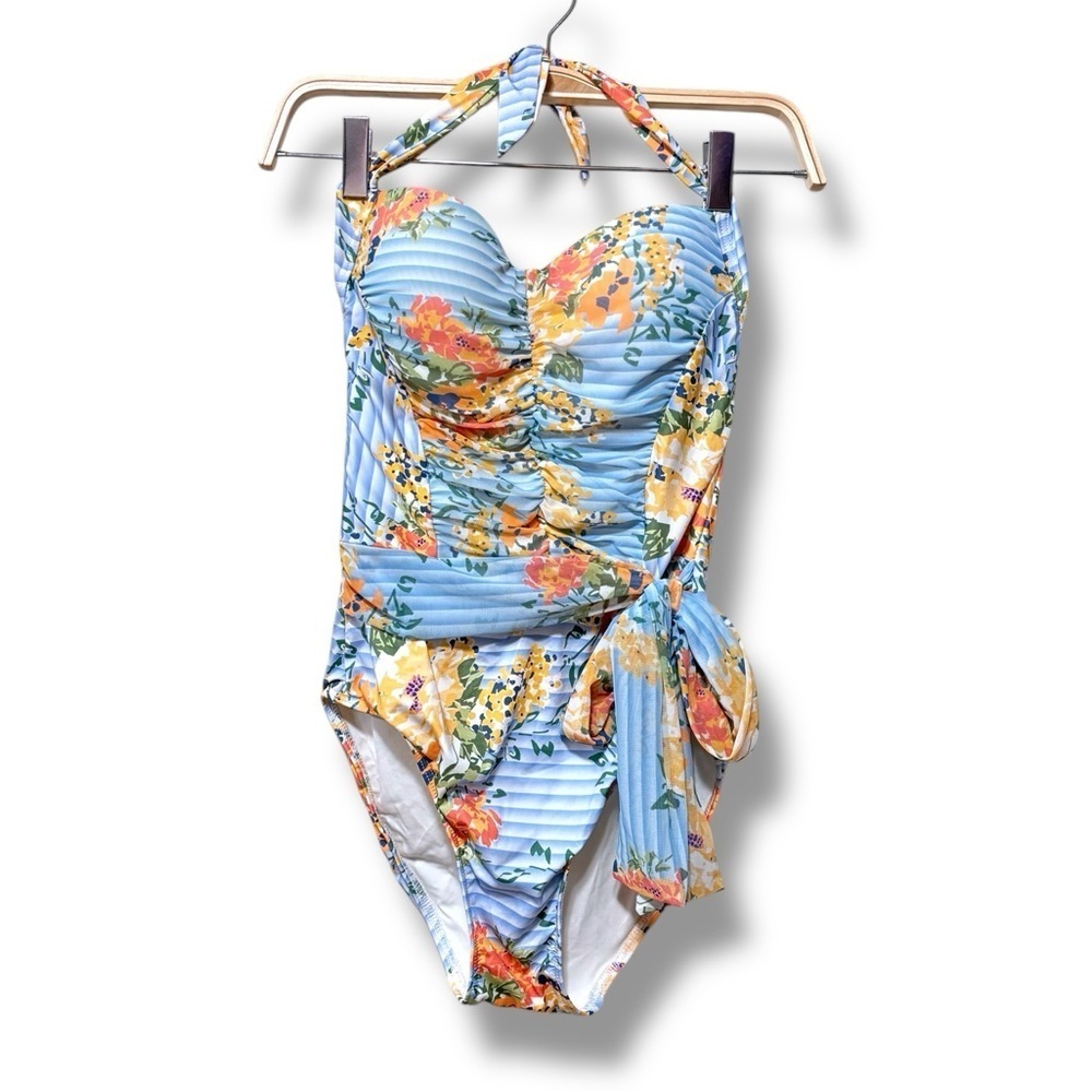Jets by Jessika Allen Floral Halter Wrap Blue Orange One Piece Swimsuit Size 6